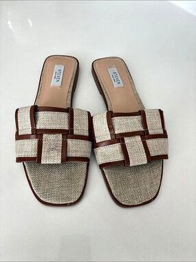 Steven Woven Strap Slide Sandals in Brown & Beige Like New